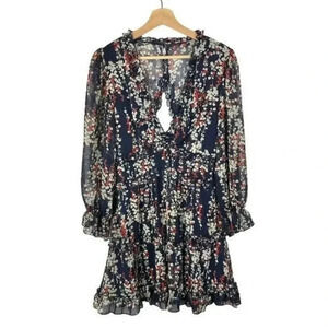 Boutique Navy Blue White Floral Long Sleeve Open Back Mini Dress S